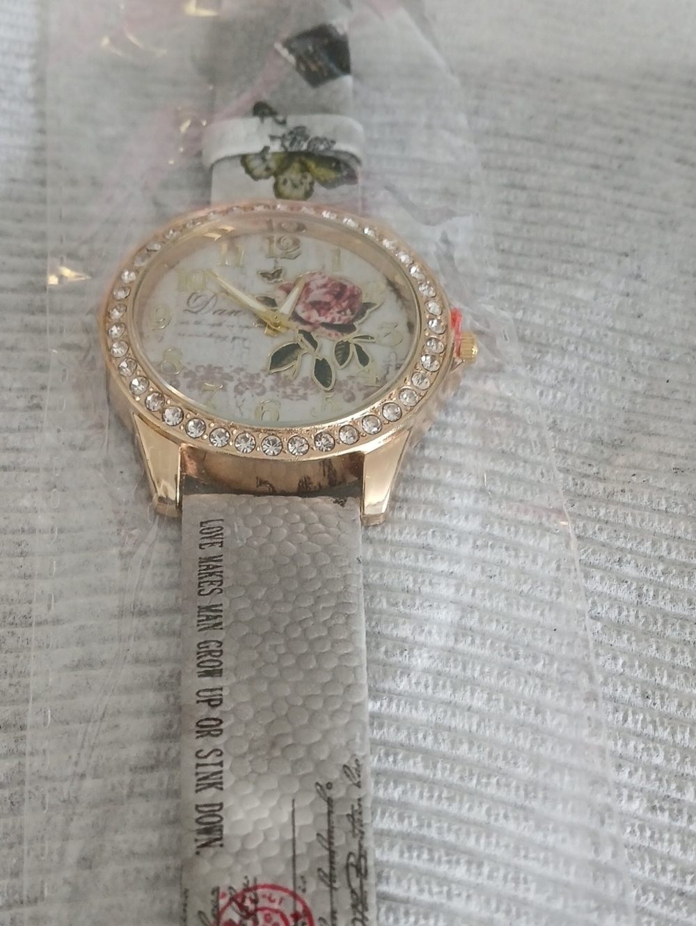Womens Floral Dial Crystal Bezel Watch  White Strap
